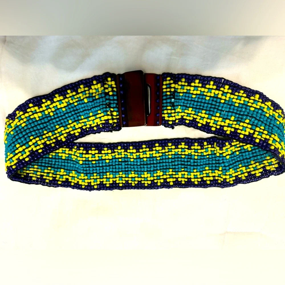 Chico's Wide Belt Multicolored Beadwork Turquoise and Yellow